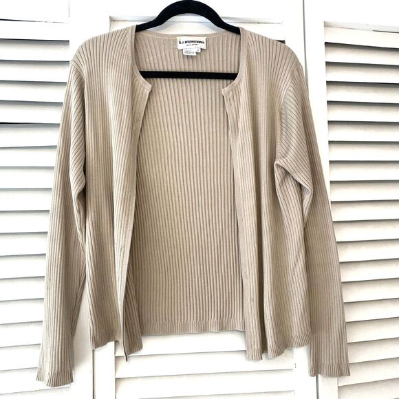 Y2k Vintage D.J. International 100% Silk Neutral Ribbed Open Cardigan Sweater - Picture 1 of 7